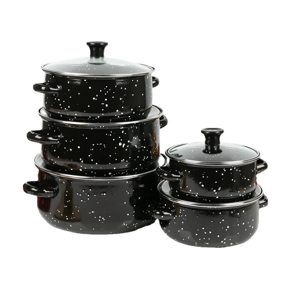 5 Piece Enamel Pot Set – Soup Pot, Cooking Pot, Stew Pot & Frying Pan – Perfect for Home Kitchens, Restaurants & Outdoor Cooking