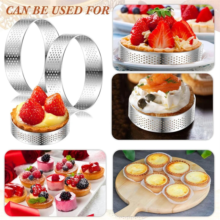 12 Piece Perforated Stainless Steel Tart Rings – Non-Stick Round Cake & Mousse Rings – Ideal for Tarts, Mousse Cakes & Desserts