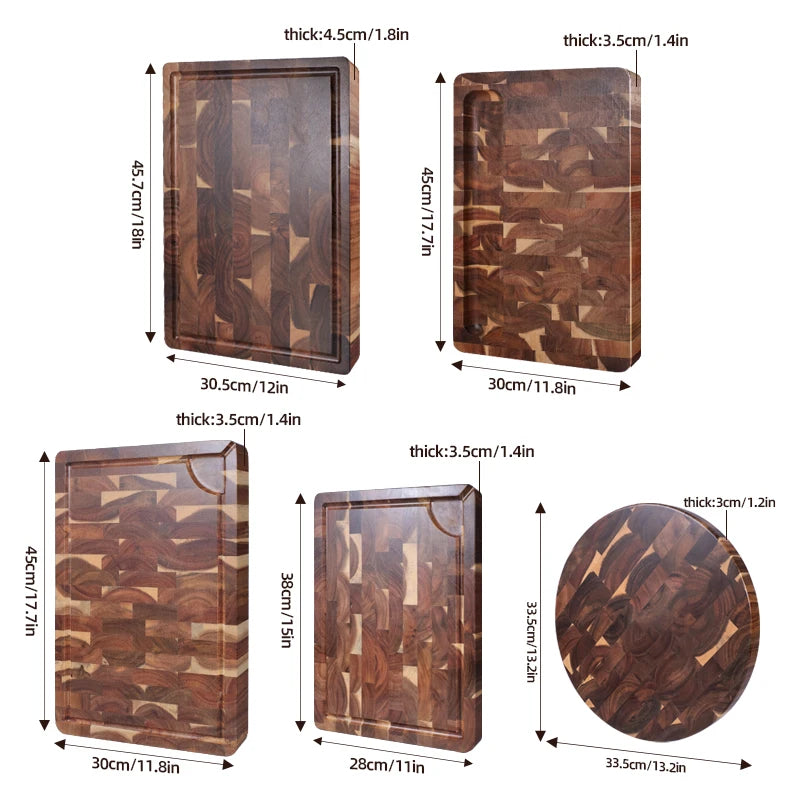 Premium Thick Acacia Wood Chopping Board – Anti-Slip, End-Grain, Heavy-Duty Board for Daily Kitchen Prep – Double-Sided, Crack-Resistant, Surface with Juice Groove & Durable – Available in 5 Sizes (Round & Rectangular Options)