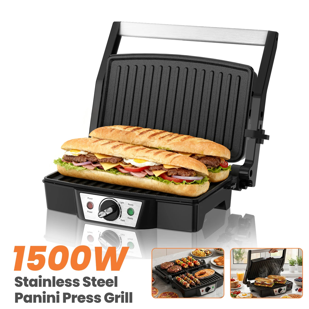 Panini Press & Electric Sandwich Maker – 1500W Grill with 180° Flat Open Non-Stick Plates & Adjustable Temperature – Best for Toasties, Paninis & Burgers