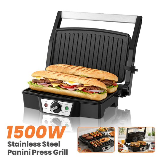 Panini Press & Electric Sandwich Maker – 1500W Grill with 180° Flat Open Non-Stick Plates & Adjustable Temperature – Best for Toasties, Paninis & Burgers