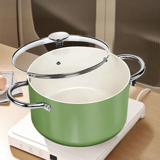 Ceramic Stock Pot with Glass Lid – 6-Quart Non-Stick Cooking Pot, Induction-Compatible – Ideal for Soups, Stews, Curries, Simmering, Sautéing & One-Pot Meals – Available in Green, Blue, Beige & Black