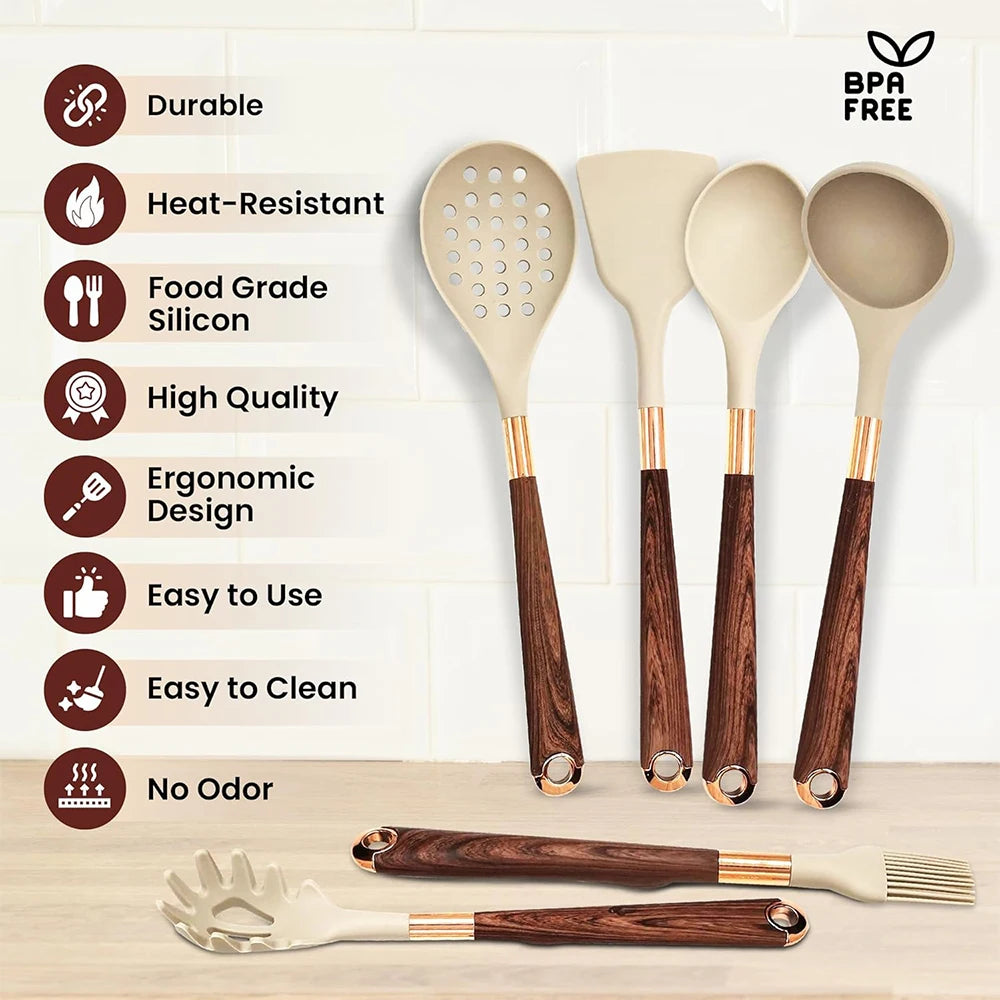 10-Piece Silicone Kitchen Utensils Set with Wooden-Effect Handles & Matching Utensil Holder – Heat-Resistant, Non-Stick Safe & Easy to Clean – Includes Spatulas, Spoons, Turners, Pasta Server, Brush & Skimmer – Perfect for Daily Cooking & Modern Kitchens
