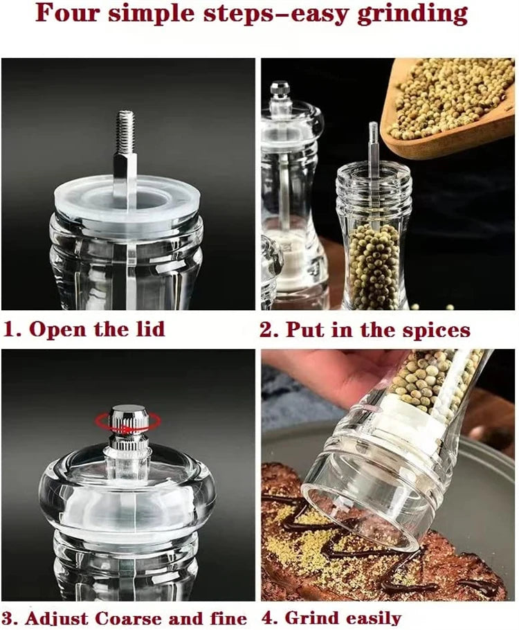 Clear Acrylic Salt & Pepper Grinder Mill with Adjustable Ceramic Coarseness – Refillable Sea Salt & Pepper Mill – Great for Sea Salt & Peppercorns – Available in 4, 5, 6 & 8 Inch
