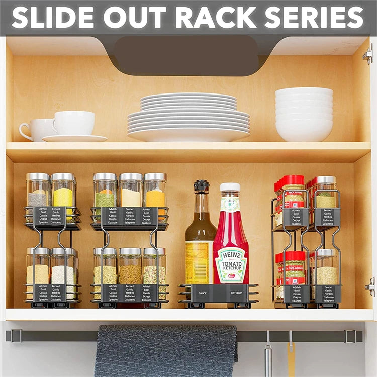 Pull Out Spice Rack Organiser for Cabinets – Slide Out Metal Seasoning Organiser – Perfect for Deep Kitchen Cupboards