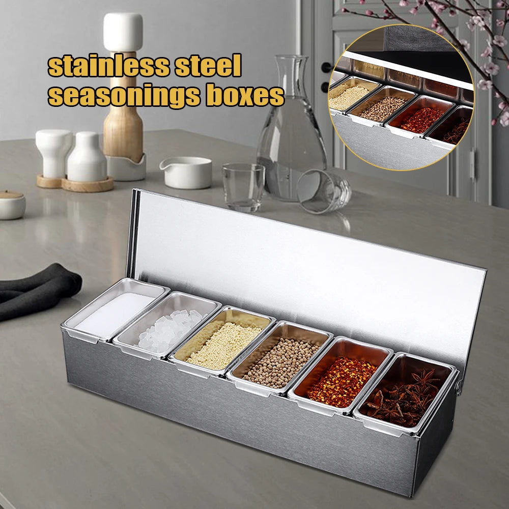 Stainless Steel 6-Compartment Seasoning Box with Lid