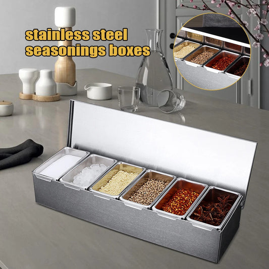 Stainless Steel 6-Compartment Seasoning Box with Lid