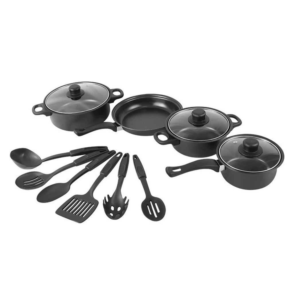 12 Piece Non-Stick Cookware Set with Lids – Maifan Stone Frying Pans, Milk Pan & Cooking Pot – Best for All Hobs & Everyday Meals – Available in Black, Blue & Pink Colours