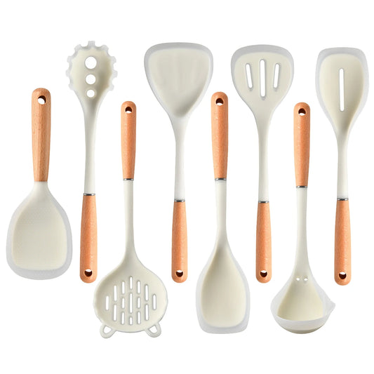 8-Piece Silicone Kitchen Utensils Set with Wooden Handles – Non-Stick Safe | Cream, White & Green Cream