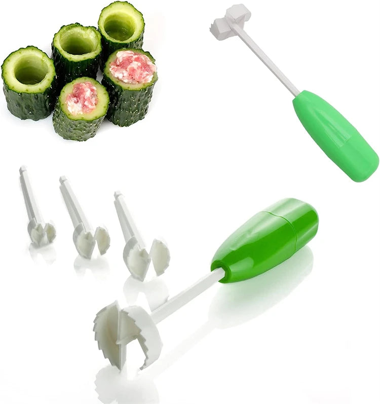 4 Piece Vegetable Corkscrew Carver Set – Replaceable Spiral Cutter Heads & Vegetable Hole Digger – Perfect for Stuffed Vegetables & Garnishes