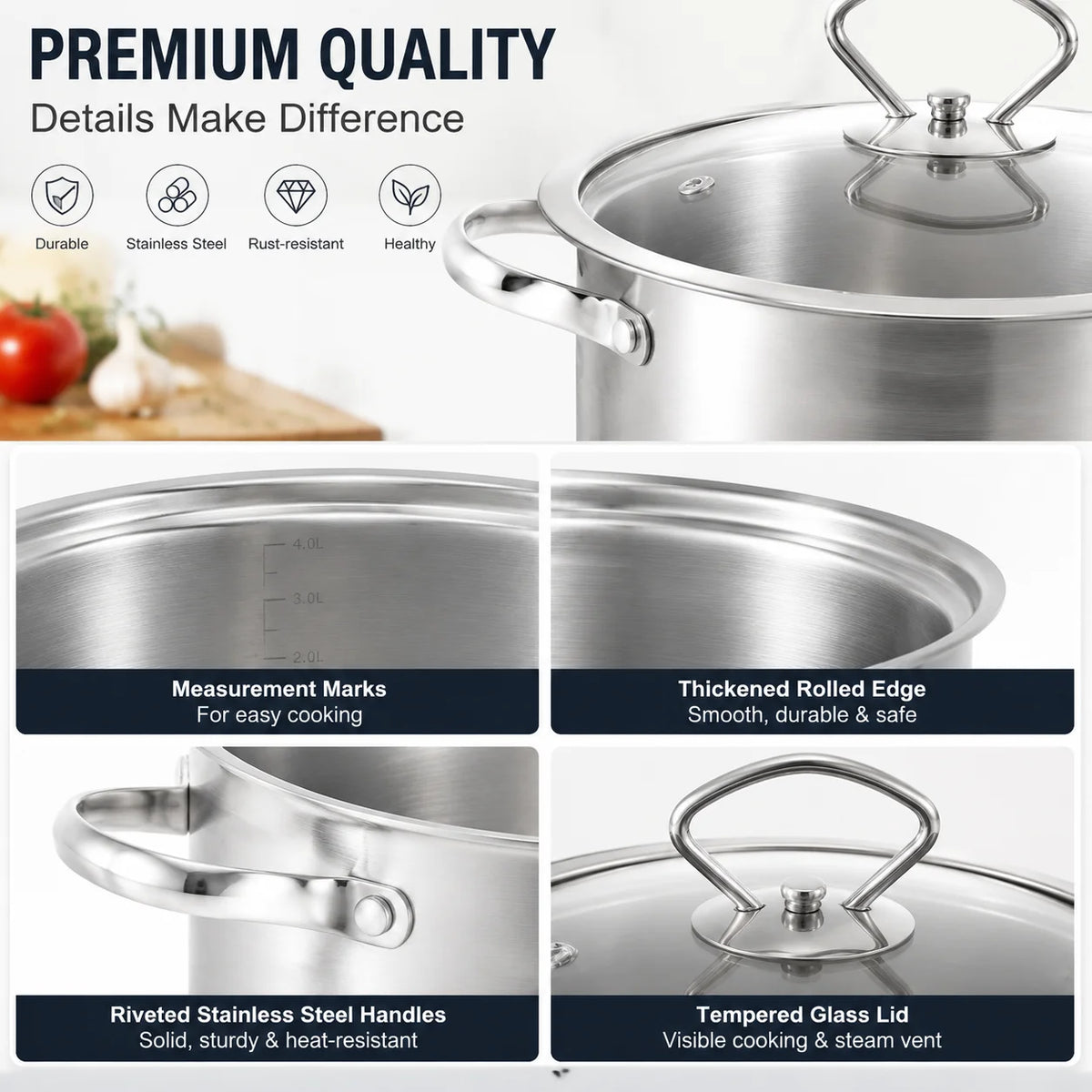 5 Piece Stainless Steel Cookware Set with Glass Lids – Stock Pot, Sauce Pot & Casserole with Silver Handles – Ideal for Induction & Home Cooking