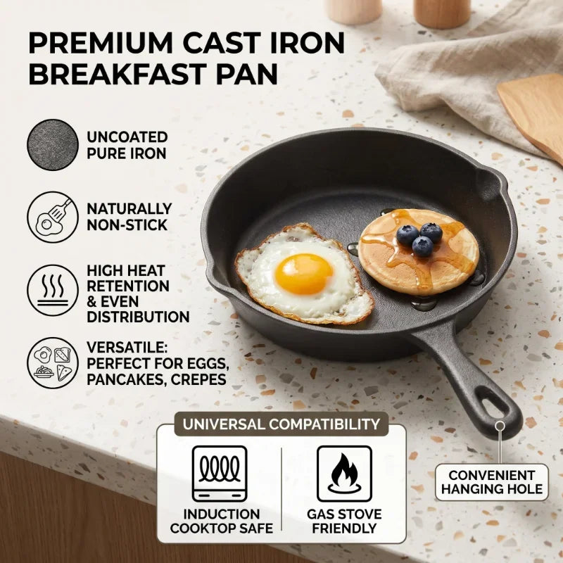 Cast Iron Mini Frying Pan – Small Flat Bottom Omelette & Egg Pan – Ideal for Eggs, Dumplings & Breakfasts (14cm)