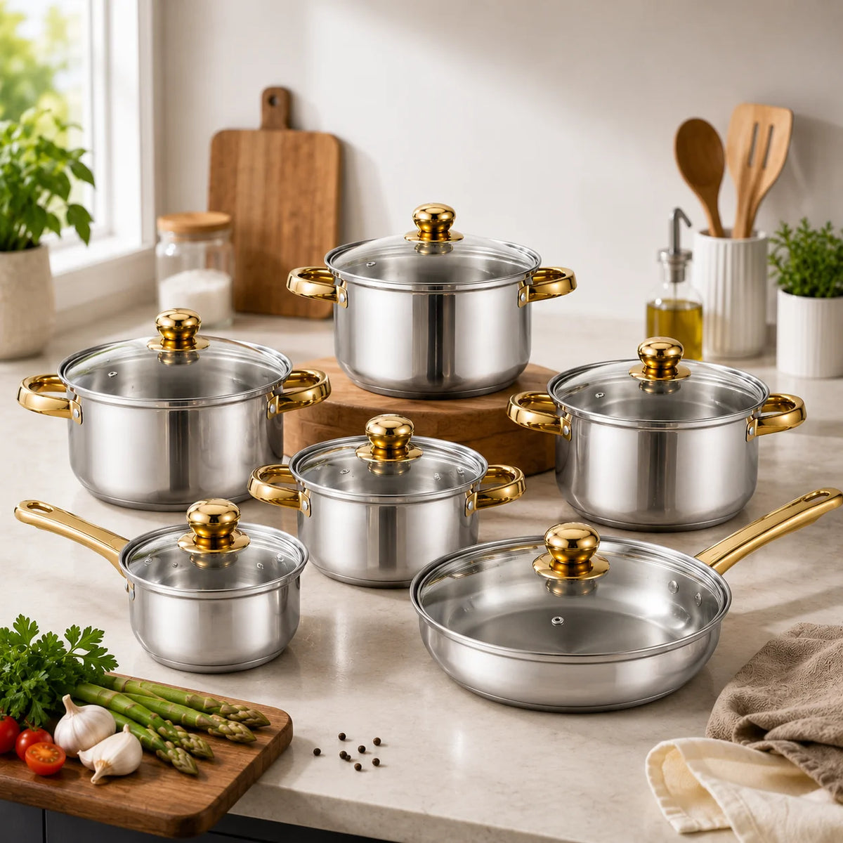 Golden Handle Stainless Steel Cookware Set with Clear Lids – 6 Piece Stackable Stock Pot, Casserole & Frying Pans – Best for All Hobs & Small Kitchens