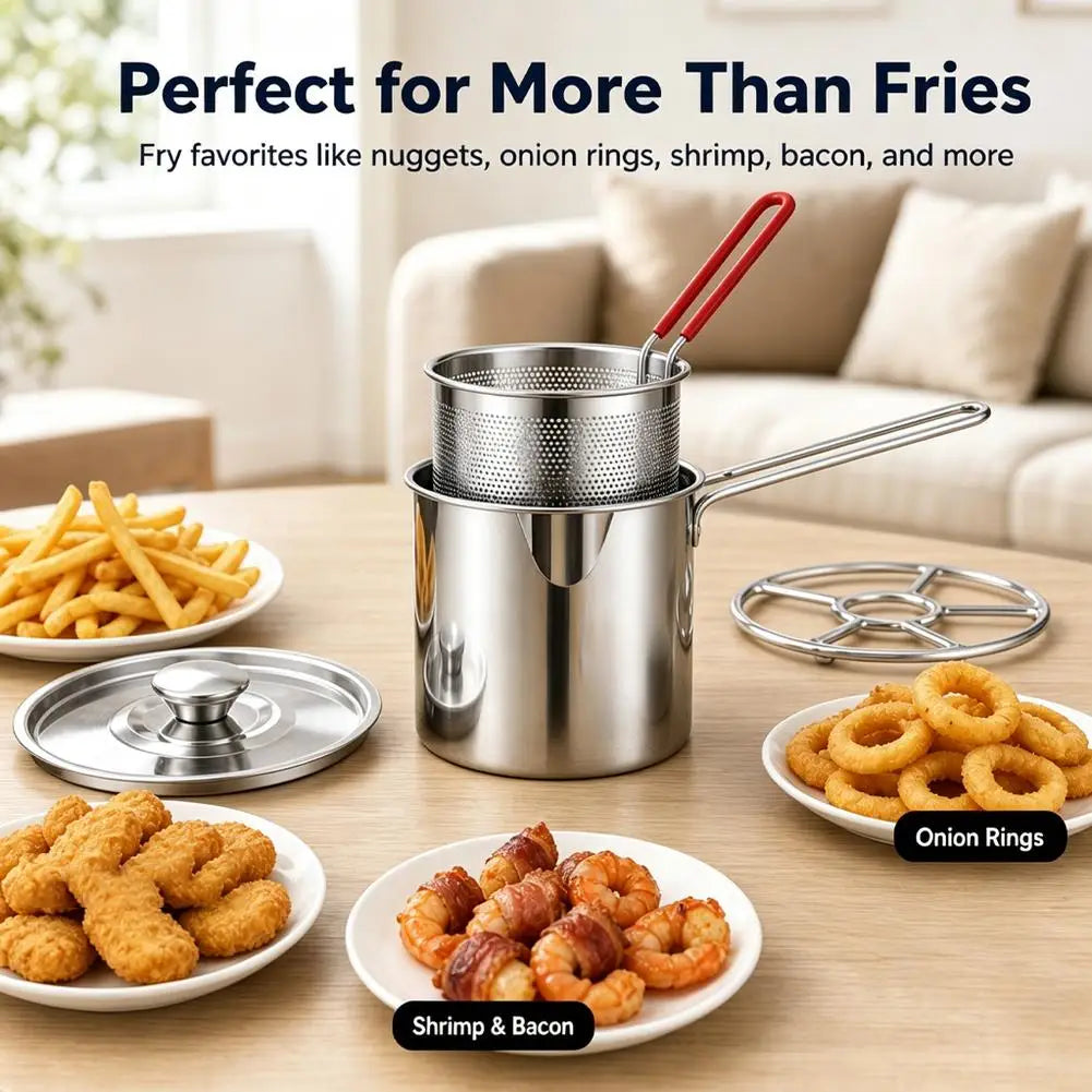 Small Stainless Steel Deep Fryer Pot with Basket, Tongs & Lid – 304 Oil-Saving Chip Pan with Pour Spout – Perfect for Chips, Tempura & Chicken – Available in 4 & 5 Piece Sets