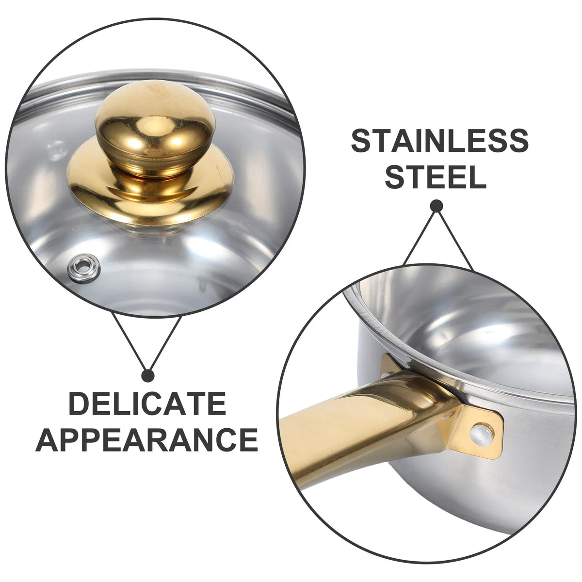 Golden Handle Stainless Steel Cookware Set with Clear Lids – 6 Piece Stackable Stock Pot, Casserole & Frying Pans – Best for All Hobs & Small Kitchens
