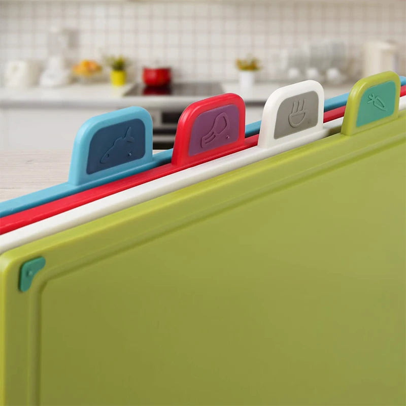 4 Piece Colour-Coded Plastic Chopping Board Set with Storage Stand – Thick Slip-Resistant Cutting Boards – Great for Meat, Fish, Vegetables & Fruit