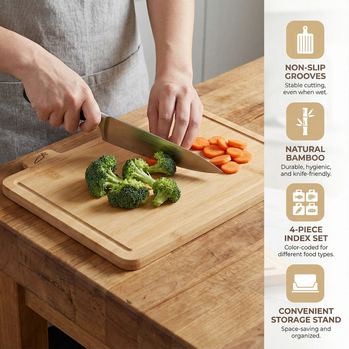 4 Piece Bamboo Chopping Board Set with Holder – Engraved Food Icon Boards with Juice Grooves – Perfect for Food Separation & Meal Prep United Kingdom