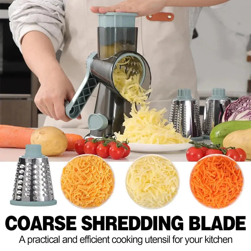 3 in 1 Rotary Cheese Grater – Easy-to-Swap Stainless Steel Interchangeable Rotating Drum Blades for Effortless Slicing, Shredding, and Grating (Available in Grey, White, and Red Colours)