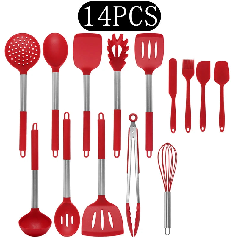 Silicone Kitchen Utensils Set with Stainless Steel Handles – Non-Stick, Heat-Resistant Cooking  Kitchen Utensils for Everyday Cooking & Baking, Available in 4 Colours & Multiple Set Sizes