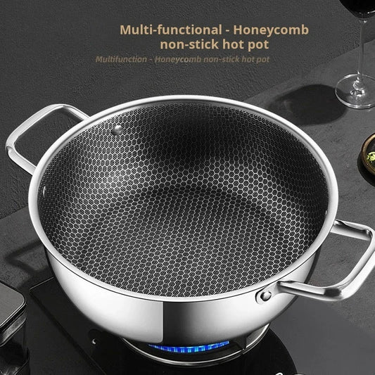 Honeycomb Stainless Steel Frying Pan & Soup Pot with Lid – 410 Non-Stick Multi-Purpose Pot for Frying, Stewing, Searing & Stir-Fry, Soup, Stock & Daily Cooking – Works on All Stovetops – Available in 28cm (with/without