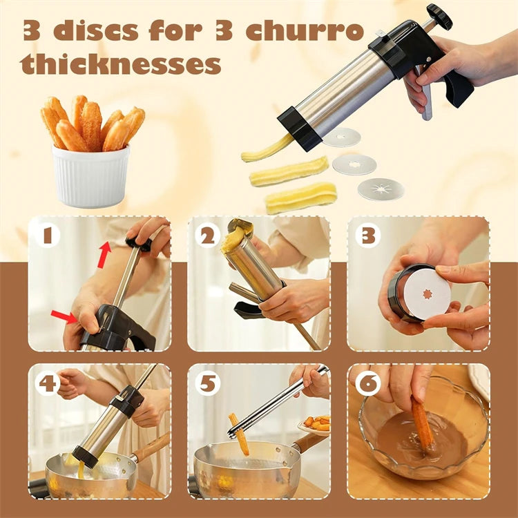 3-in-1 Stainless Steel Churro Maker & Cookie Press Kit – Spritz Biscuit Gun with Moulds – Great for Churros, Biscuits & Piped Desserts