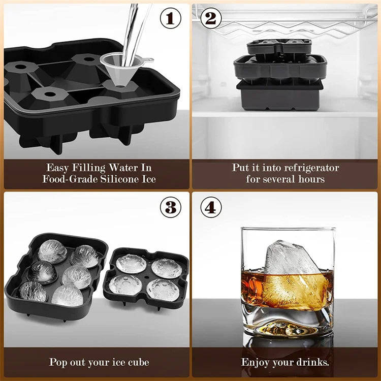 Large Silicone Ice Cube Tray with Lid – Reusable Ice Mould for Big Cubes, Spheres & Diamonds – Ideal for Cold Drinks & Iced Coffee – Available in Square Cube, Sphere & Diamond
