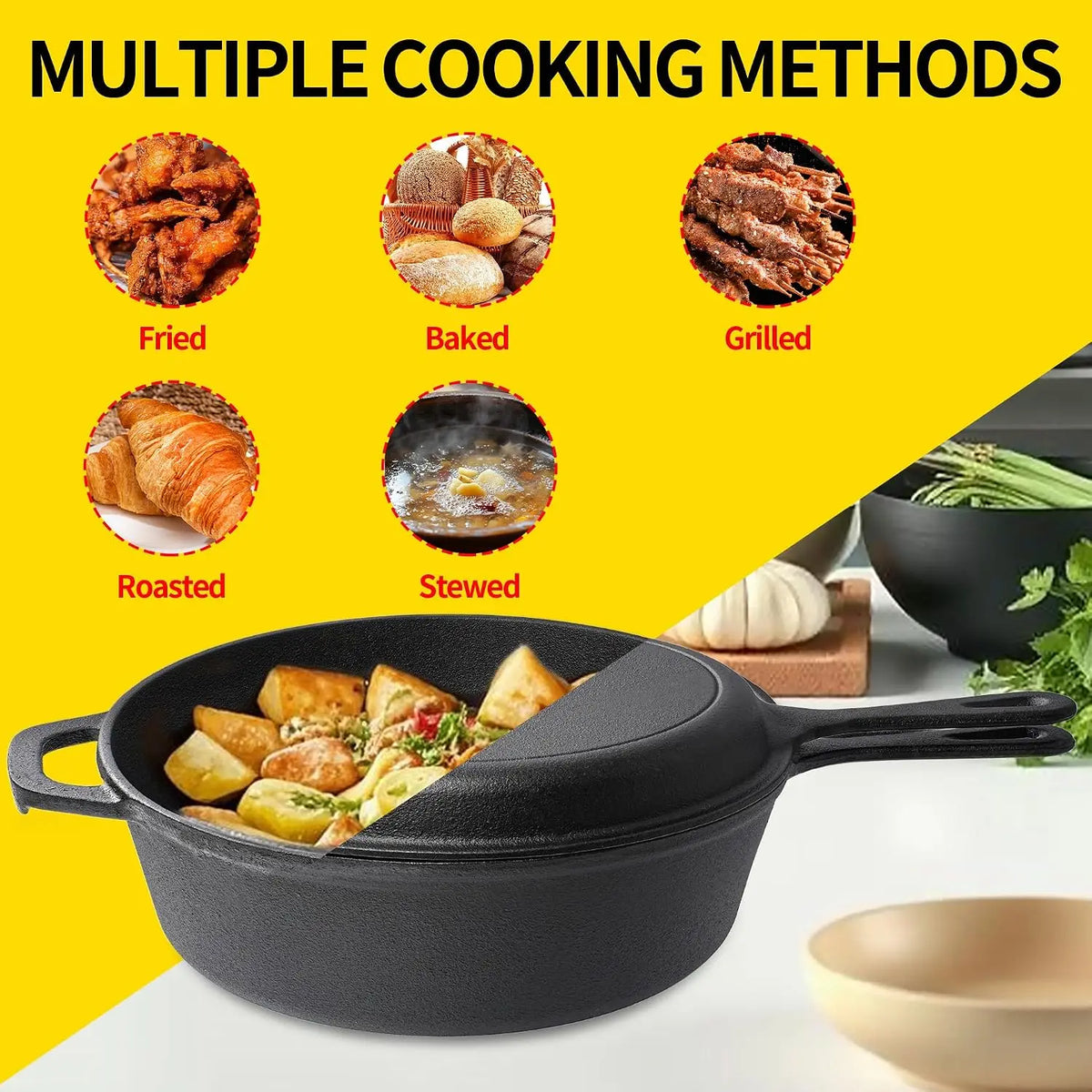 Cast Iron Multi Cooker Dutch Oven with Skillet Lid – 2-in-1 Pre-Seasoned Casserole – Best for Baking, Frying & Roasting on All Stoves