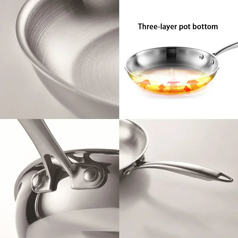 304 Stainless Steel Frying Pan with Long Handle – Uncoated Tri-Ply Skillet for Searing, Sautéing, Stir-Frying, Simmering & Pan-Frying Daily Meals – 3-Layer Pot Bottom – Induction, Gas & Electric Compatible