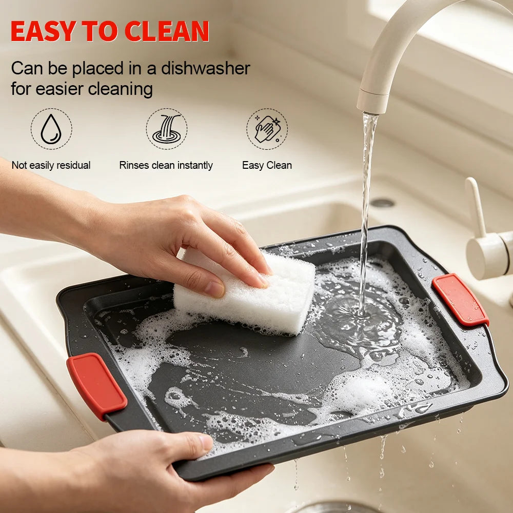3 Piece Non-Stick Carbon Steel Baking Tray Set with Silicone Handles & Cookie Cutters – Best for Biscuits, Cakes & Roasting