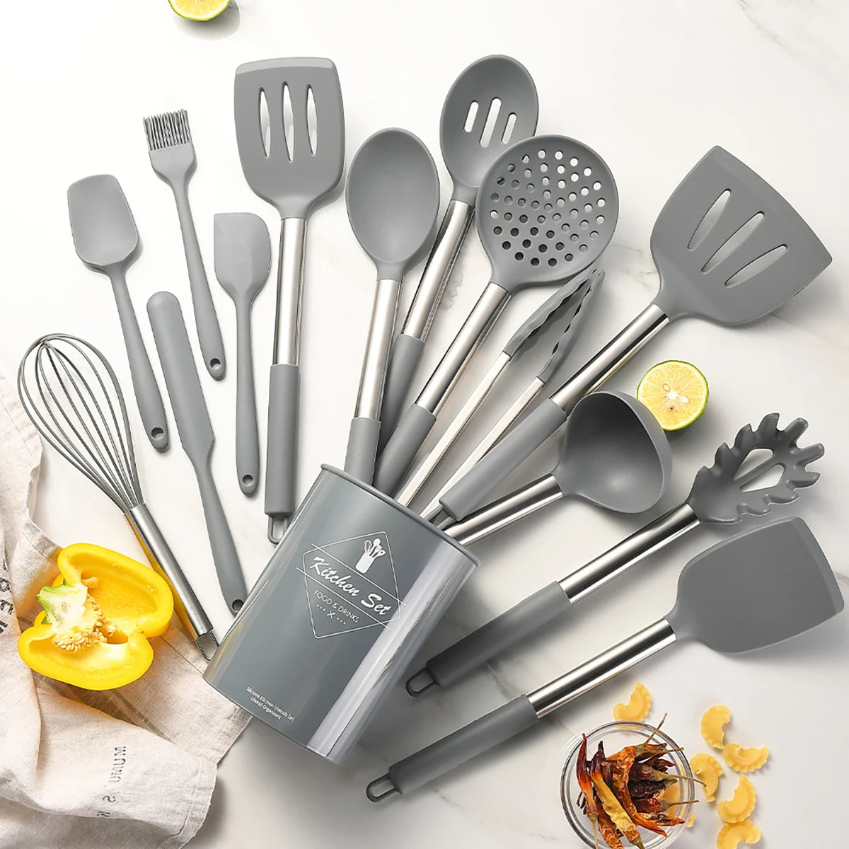 15-Piece Silicone Kitchen Utensils Set – Heat-Resistant Spatulas, Spoons, Turners, Brush, and Whisk, Perfect for Non-Stick Cookware,Available in Black, Grey & Khaki