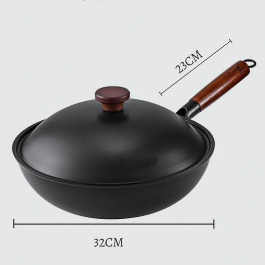 Cast Iron Wok with Lid & Wooden Handle – Traditional Hand-Forged Stir-Fry Wok with Titanium Non-Stick Finish – Perfect for Stir-Frying, Sautéing & Deep Frying (32cm)