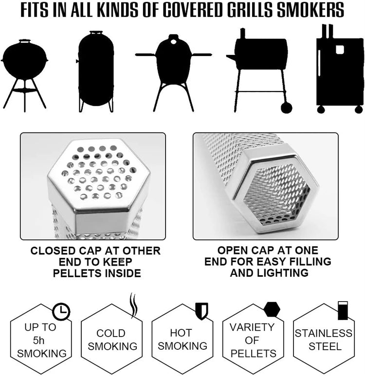 12 Inch Hexagon Stainless Steel Pellet Smoker Tube – BBQ Wood Pellet Smoke Generator – Ideal for Hot & Cold Smoking up to 5 Hours