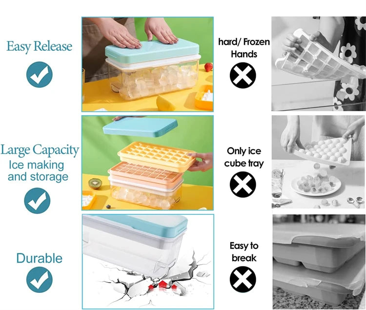 Stackable Silicone Ice Cube Tray Set with Storage Bin – 2 Trays & 64 Nugget Ice Moulds – Best for Chilling Drinks & Freezing – Available in Pink, Blue, Green & Orange Colours