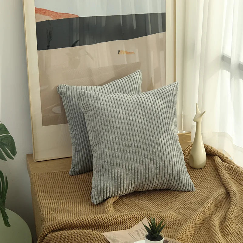 2 Piece Corduroy Striped Throw Pillow Cases 45x45cm – Soft Plush Decorative Cushion Covers – Great for Sofas, Beds & Living Rooms