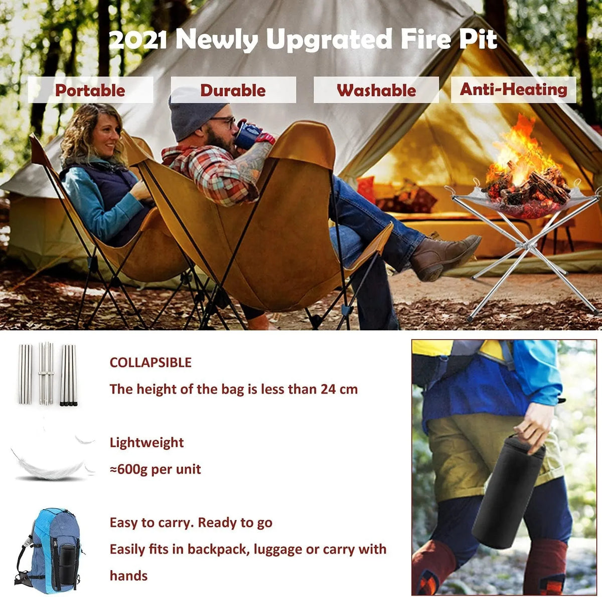 Portable Folding Fire Pit with Gloves & Carry Bag – Stainless Steel Mesh Camping Fire Bowl – Best for Bonfires, Patios & Garden Evenings