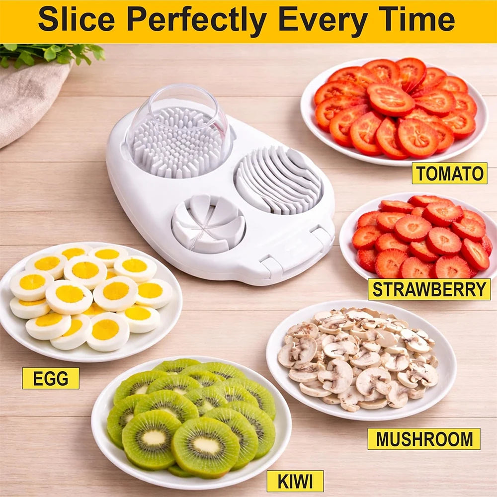 3 in 1 Stainless Steel Egg Slicer – Egg Cutter, Dicer & Wedger – Perfect for Boiled Eggs, Strawberries & Mushrooms – Available in White & Yellow Colours