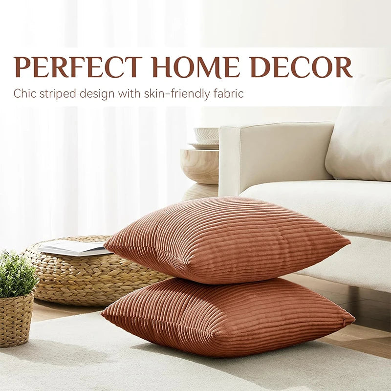2 Piece Corduroy Striped Throw Pillow Cases 45x45cm – Soft Plush Decorative Cushion Covers – Great for Sofas, Beds & Living Rooms