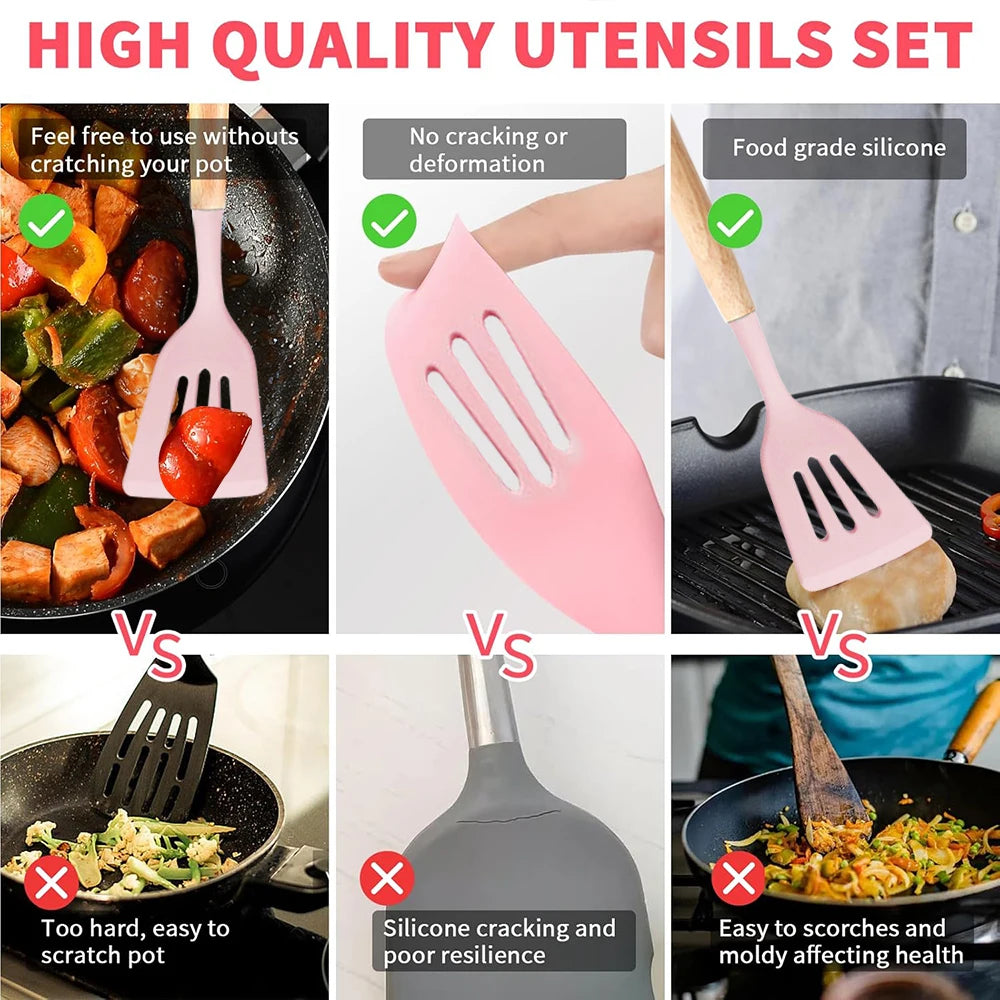Pink Silicone Kitchen Utensil Set with Wooden Handles – 12 Piece Non-Stick Spatulas, Turner & Whisk – Ideal for Non-Stick Cookware & Baking