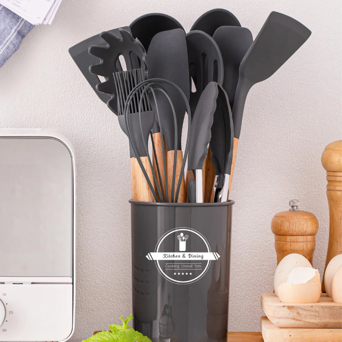 12 Piece Silicone Kitchen Utensil Set with Wooden Handles & Storage Pot – Heat Resistant BPA-Free Cooking Tools – Best for Non-Stick Cookware & Baking – Available in Black, White, Pink, Khaki & Light Green Colours