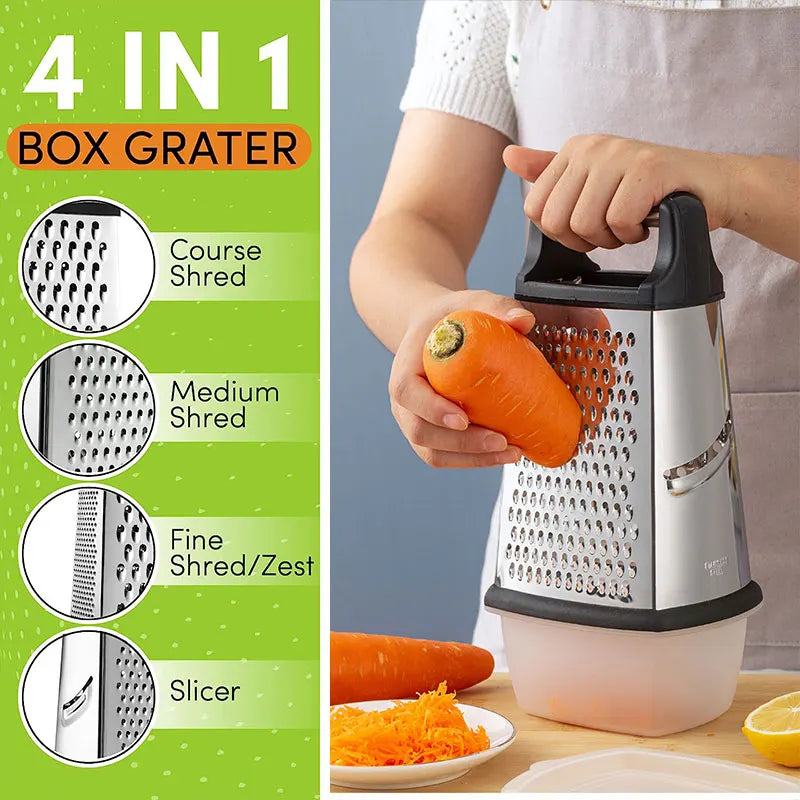 4-Sided Stainless Steel Grater with Storage Box Container-Perfect for Cheese and Vegetable Prep in the Kitchen-Size:23 x 14 x 11.5 cm