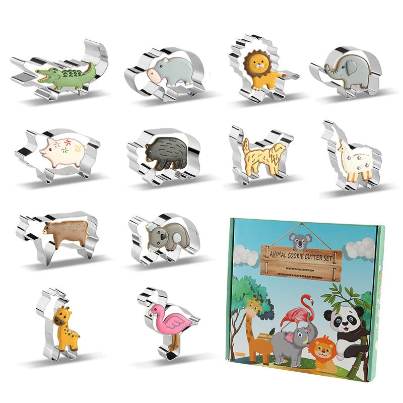 12 Piece Stainless Steel Animal Cookie Cutter Set with Storage Box – Safari Animal Biscuit Cutters – Perfect for Kids Baking & Fondant