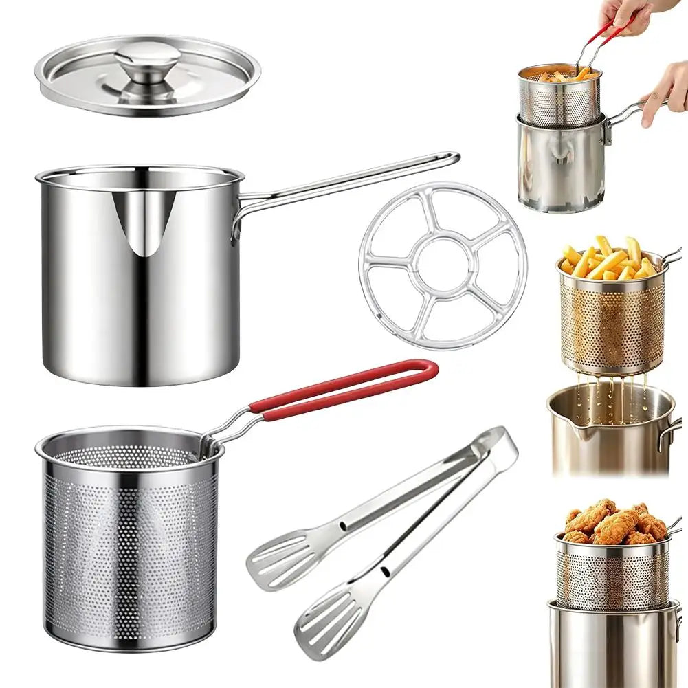 Small Stainless Steel Deep Fryer Pot with Basket, Tongs & Lid – 304 Oil-Saving Chip Pan with Pour Spout – Perfect for Chips, Tempura & Chicken – Available in 4 & 5 Piece Sets