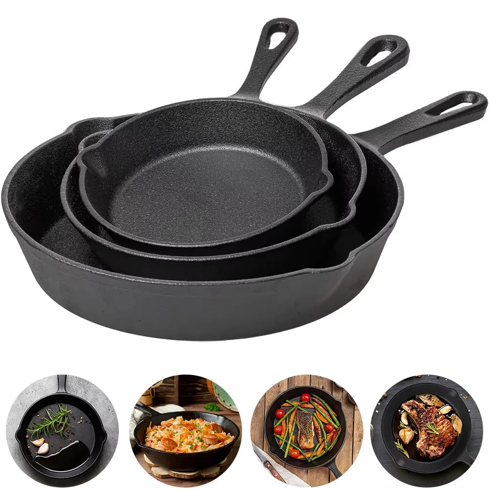 Uncoated Cast Iron Frying Pan Set of 3 – 16cm, 20cm & 26cm Skillets with Double Pour Spouts – Perfect for Frying, Stir-Frying & Omelettes