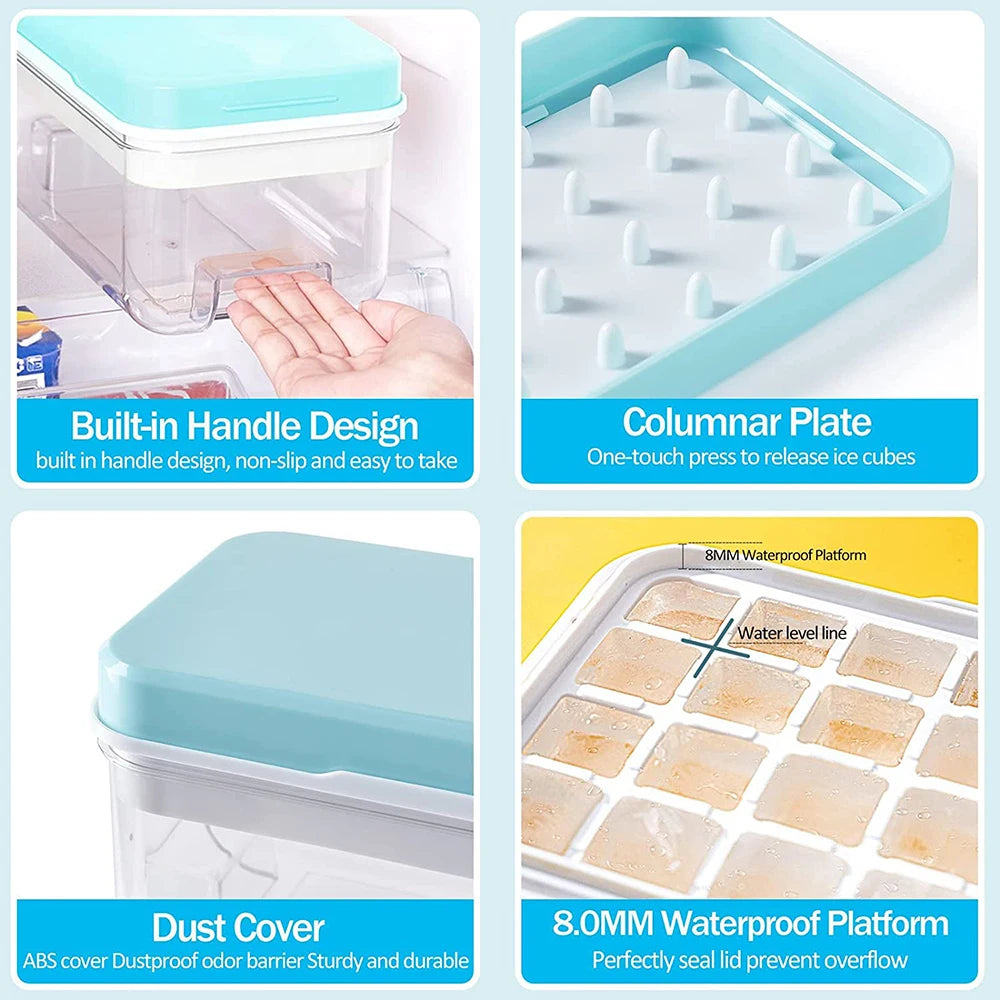 Stackable Silicone Ice Cube Tray Set with Storage Bin – 2 Trays & 64 Nugget Ice Moulds – Best for Chilling Drinks & Freezing – Available in Pink, Blue, Green & Orange Colours