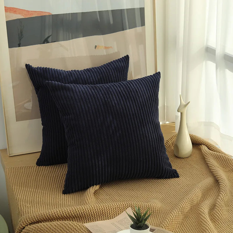 2 Piece Corduroy Striped Throw Pillow Cases 45x45cm – Soft Plush Decorative Cushion Covers – Great for Sofas, Beds & Living Rooms
