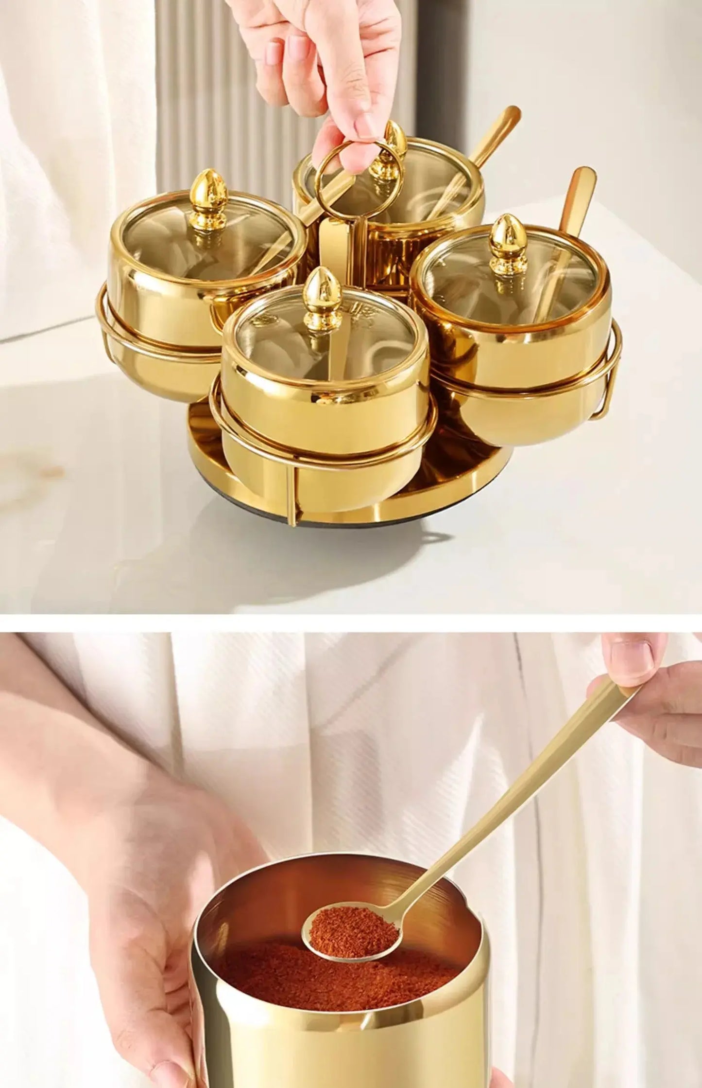 Luxury Golden 304 Stainless Steel Seasoning / Condiment Pot Set with Tempered Glass Lids, Matching Spoons & Storage Rack – Elegant Spice Containers with Food-Grade Coating – Ideal for Salt, Sugar, Spices & Condiments