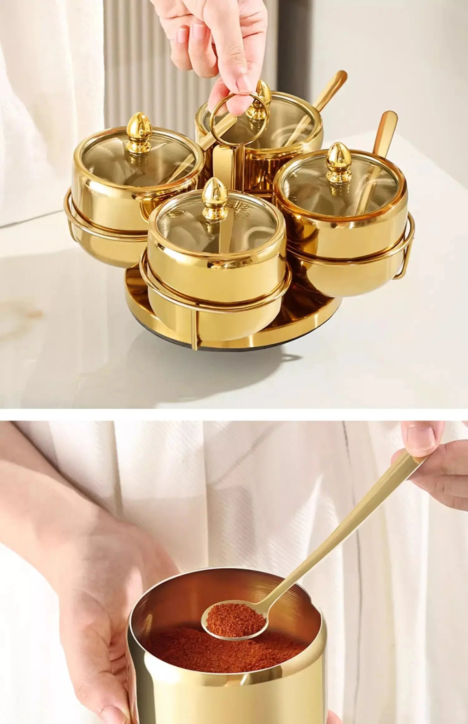 Luxury Golden 304 Stainless Steel Seasoning / Condiment Pot Set with Tempered Glass Lids, Matching Spoons & Storage Rack – Elegant Spice Containers with Food-Grade Coating – Ideal for Salt, Sugar, Spices & Condiments