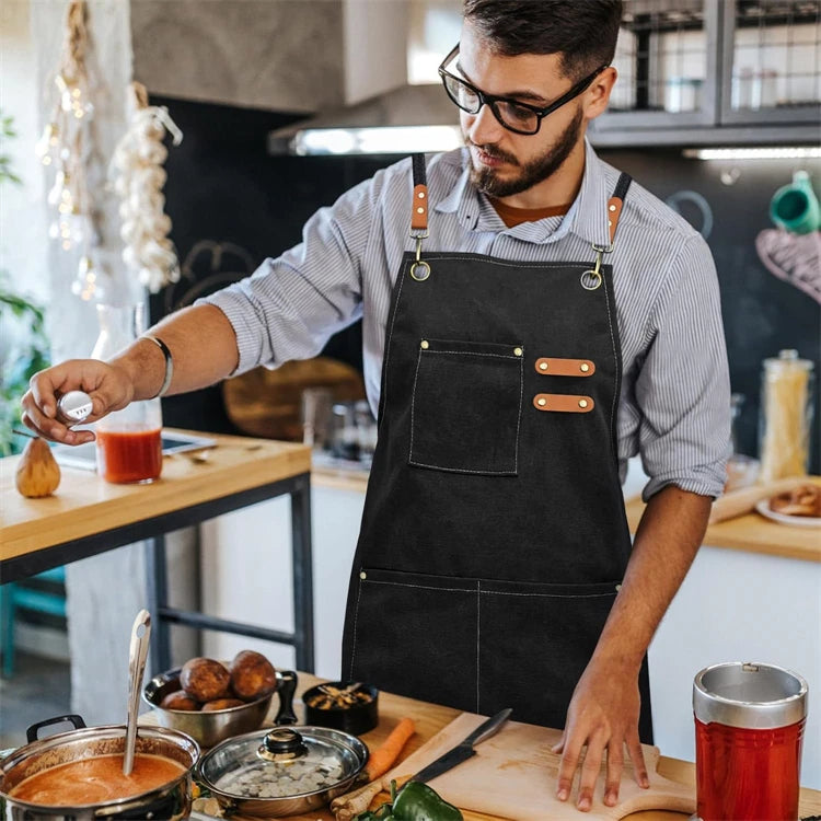 Canvas Chef Apron with Cross Back Straps – Cotton Kitchen Work Apron with Large Pockets – Best for Cooking, Baking & Grilling – Available in Dark Khaki, Blue, Black, White & Dark Grey Colours