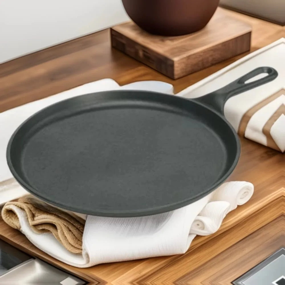 Pre-Seasoned Cast Iron Round Griddle Pan – Flat Pancake Plate for Stove, Oven, Grill & Campfire – Best for Pancakes, Flatbreads & Camp Breakfasts