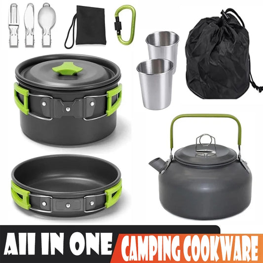 10 Piece Non-Stick Camping Cookware Kit – Aluminium Pot, Frying Pan & Kettle with Folding Handles – Great for Hiking, Picnics & Camping for 1–2 People